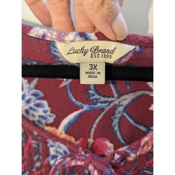 Lucky Brand Floral Print Lace Up Blouse top Shirt Size 3XL Burgundy Floral Boho - Picture 2 of 6